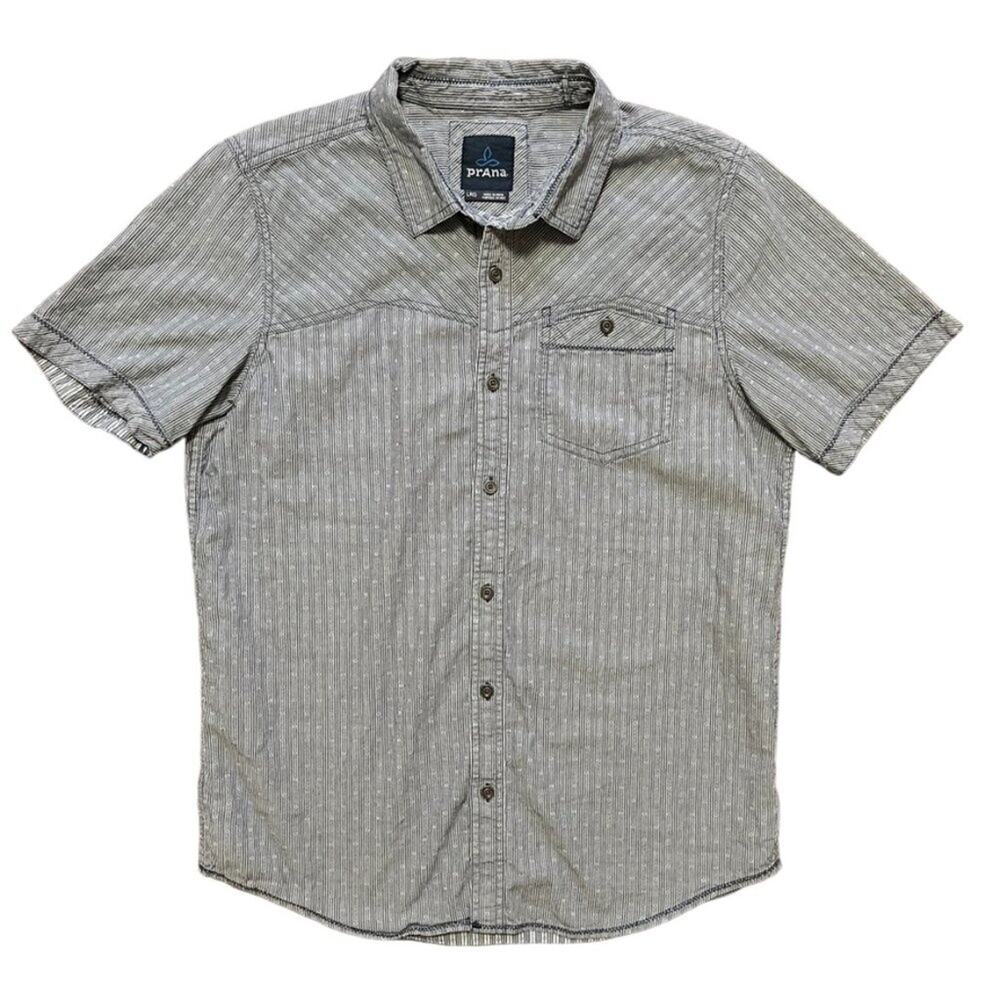 PRANA Patras Organic Cotton Button Front Short Sleeve Shirt MEN'S L SLIM